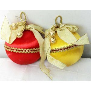 VTG Satin Silk Thread Ball Ornaments Red Yellow Embellished Decorated Christmas
